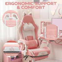 HOMCOM Cat Ear and Paw Reclining Office Chair, with Footrest - Pink/White(m-6)
