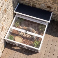 PawHut Casa para Tortugas de Madera Terrario para Reptiles Ventana Transparente Techo Abatible 113x106,5x44,5 cm Gris Oscuro(m-9)