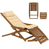 Outsunny Tumbona Silla Plegable de Madera con Reposapiés Desmontable y Cojín con Reposacabezas Carga 160 kg 158x61x70 cm Beige(m-11)