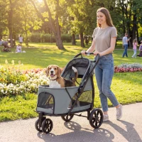 PawHut Carrito para Perros Plegable con 3 Ruedas Ventanas de Malla Cojín Lavable Todo Terreno Carga 20 kg 92x63x95 cm Gris(m-2)