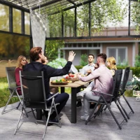 Outsunny Garden Dining Table for 6 with Parasol Hole, Rectangle Outdoor Garden Table with Slatted Metal Top, Steel Frame, Brown(m-9)