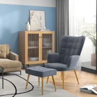 HOMCOM Fauteuil avec repose-pied, fauteuil salon capitonné avec dossier haut, pieds en acier doré et tissu velours, gris foncé(m-2)