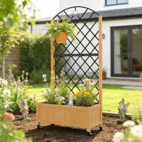 Outsunny Verhoogde plantenbak met metalen gaas, houten plantenbak op wielen, outdoor plantenbak, bruin(m-8)
