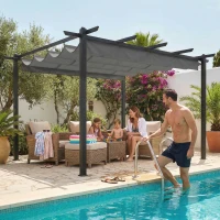 Outsunny Pérgola de Jardín 4x3 m con Techo Retráctil Estructura de Aluminio UPF30+ Orificios de Drenaje Pabellón Exterior Gris(m-8)