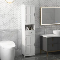 kleankin Mobile Colonna Bagno in Legno con Mensola Aperta, Cassetto e 2 Armadietti, 40x30x164 cm, Bianco(m-2)