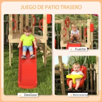 Outsunny Parque Infantil Exterior de Madera con Columpio Tobogán Volante Bocina Teléfono para Patio Césped Rojo y Natural(m-4)