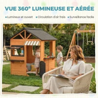 AIYAPLAY Cabane enfant extérieur en bois, maison enfant extérieur/intérieur avec cuisine de jeu, fenêtres, porte et banc, marron(m-6)