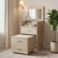 HOMCOM Tavolo da Trucco con Specchio a Ribalta, Cassetti e Sgabello, in Legno e Tessuto Effetto Lino, color Legno(m-9)