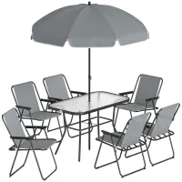 Outsunny Conjunto de Mesa y Sillas Jardín de 8 Piezas con Sombrilla 6 Sillas Plegables Mesa de Vidrio Templado Gris(m-1)