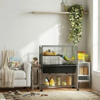 PawHut Jaula para Animales Pequeños de 3 Niveles con Rampas Antideslizantes Puertas Amplias y Ruedas con Freno 88x48x102cm Gris(m-2)