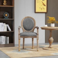 HOMCOM Chaise de Salle à Manger Chaise de Salon médaillon Style Louis XVI Bois Massif patiné sculpté Tissu Lin Gris(m-10)