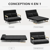 HOMCOM Canapé convertible 2 places 4 en 1, canapé-lit avec dossier réglable sur 5 niveaux, 2 coussins, 102 x 73 x 81 cm, noir(m-4)