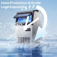 HOMCOM Gewerbliche Eismaschine, 36 kg/24 Std., Edelstahl, Unterbau oder freistehend, Silber(m-4)