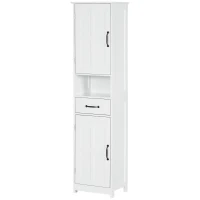 kleankin Mobile Colonna Bagno in Legno con Mensola Aperta, Cassetto e 2 Armadietti, 40x30x164 cm, Bianco(m-1)