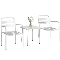 Outsunny Bistroset 3 teiliges Metall Gartenmöbel-Set mit 2 Gartenstühlen, Glastisch, Lamellen-Design, Rostbeständig(m-11)