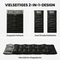Outsunny Schlafsack Doppelschlafsack für 2 Personen mit 2 Kissen 2 Jahreszeiten für Outdoor, Camping, Trekking, Reisen Schwarz(m-4)