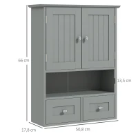kleankin Bad-Wandschrank, Toilettenschrank, mit Türen, offenem Fach, 2 Schubladen, 50,8l x 17,8P x 66H cm, grau(m-3)
