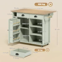 HOMCOM Insulă centrală de bucătărie cu blat pliant, servantă de bucătărie pe roți cu 2 sertare, suport pentru prosoape, verde(m-3)