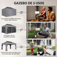 Outsunny Cenador de Jardín 4x3m Pabellón de Jardín Gazebo con Doble Techo 4 Cortinas y Mosquitera Marco de Aluminio UPF50+ Gris(m-5)