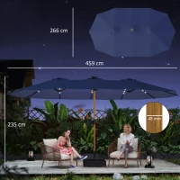 Outsunny Double Sided Garden Parasol with Base Included & 48 Solar LED Lights Patio Umbrella Crank Handle 4.6m Dark Blue(m-3)