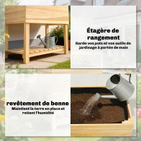 Outsunny Carré Potager sur Pieds avec Serre en Bois avec Couvercle Relevable, Étagère de Rangement, 80x45x108,5cm, Naturel(m-7)