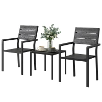 Outsunny Set bistro de grădină 3 piese masă bistro cu 2 scaune, design lamele, aspect lemn, blat HDPE rezistent la rugină(m-6)
