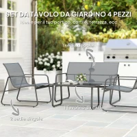 Outsunny Set da Esterno 4pz con Tavolino da Caffè, Panchina 2 Posti e 2 Sedie, in Metallo e Texteline Grigio Chiaro(m-4)
