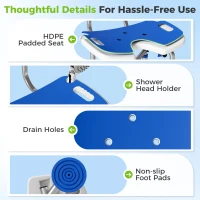 HOMCOM Shower Chair with U-Shaped Cutout, Height Adjustable Bath Bench, Padded Shower Stool for Elderly, Senior, Disabled, Blue(m-7)
