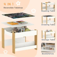 HOMCOM Three-Piece Kids Table and Chair Set with Blackboard, Storage, Bookshelves - Natural Wood(m-4)