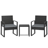 Outsunny Conjunto de Muebles de Jardín de Ratán Sintético con 2 Sillas con Cojines Extraíbles y Mesa con Tablero de Vidrio Gris