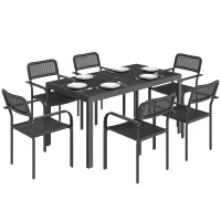 Outsunny Set de Comedor Exterior para 6 Personas, Mesa y Sillas con Orificio para Parasol, Negro(m-6)