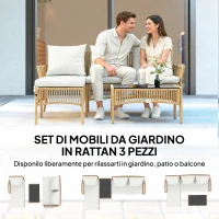 Outsunny Set da Giardino 3 Pezzi con Divanetto, Chaise Longue e Tavolino da Caffè, in Acciaio e Rattan PE, Crema(m-4)