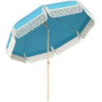 Outsunny 1.7 m Beach Umbrella with Sand Anchor, 30° Tilting Fringed Beach Garden Parasol with Adjustable Height, Grey(m-1)