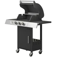 Outsunny Barbacoa de Gas con 3 Quemadores 8,1 kW Termómetro Parrillas Mesas Laterales Armario y Ruedas 109x50x109 cm Negro(m-11)