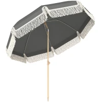 Outsunny 1.7 m Beach Umbrella with Sand Anchor, 30° Tilting Fringed Beach Garden Parasol with Adjustable Height, Grey(m-1)