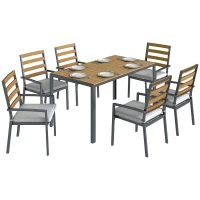 Outsunny Set mobilier grădină 7 piese, set cu 1 masă de dining, 6 scaune, perne, pentru terasă, lemn natural(m-7)
