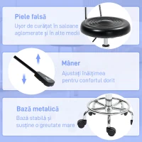 HOMCOM Scaun Rotativ Reglabil la 360°, Scaun Estetician cu Spătar, Roți și Suport pentru Picioare, din Oțel, Piele Sintetică, 32x40x70-86 cm, Negru(m-6)