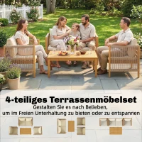 Outsunny Gartenmöbel Set Holz Sitzgruppe für 4 Personen mit 2er Sofa 2 Sessel Tisch Seilflecht Lamellendesign waschbar Kissen(m-4)