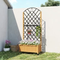 Outsunny Verhoogde plantenbak met metalen gaas, houten plantenbak op wielen, outdoor plantenbak, bruin(m-7)