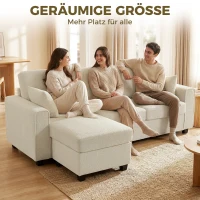 HOMCOM Ecksofa mit umkehrbarer Chaiselongue, 3-Sitzer Sofa mit Samtoptik, breite und tiefe Sitzfläche, Federkissen, Beige(m-7)
