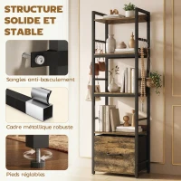 HOMCOM Bibliothèque à 4 niveaux, étagère de rangement étroite avec tiroir, 8 crochets, , 39 x 26 x 136,5 cm, brun rustique(m-6)