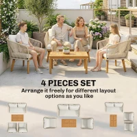 Outsunny Conjunto de móveis de jardim 4 peças Polyrattan conjunto lounge com sofá de dois lugares, 2 poltronas, mesa de ripas em madeira de acácia, almofadas grossas laváveis(m-4)