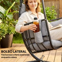 Outsunny Cadeira Suspensa Tipo Ovo com Suporte Cesto Dobrável Apoio de Cabeça Almofada Bolso Lateral Capacidade 120 kg Cinzento Escuro(m-8)