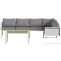 Outsunny Conjunto de Jardim de 4 Peças Sofá Exterior Seccional em L com 3 Sofás de 2 Lugares Assento em Textilene Mesa com Bancada Efeito Madeira WPC Cinza Claro e Branco(m-11)