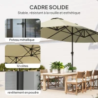 Outsunny Parasol de jardin extérieur, parasol double rectangulaire 4 x 2,2 x 2,3 m avec ouverture fermeture manivelle crème(m-6)