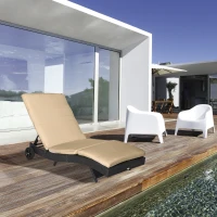 Outsunny Bain de soleil transat grand confort - dossier inclinable 5 positions roulettes - matelas déhoussable inclus - résine tressée noire et beige(m-10)