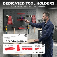 HOMCOM Lagersystem Wandregal 60 x 40 cm, 28 stck. Schüttenregal mit Haken Ablagefächern, Werkstattregal, Schwarz+Rot(m-5)