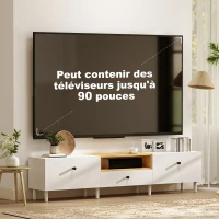 HOMCOM Meuble TV, meuble télé pour téléviseur jusqu'à 90 pouces avec 2 portes rabattables, tiroir, 200 x 35 x 45 cm, blanc(m-5)