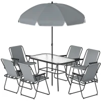 Outsunny Conjunto de Mesa y Sillas Jardín de 8 Piezas con Sombrilla 6 Sillas Plegables Mesa de Vidrio Templado Gris(m-11)