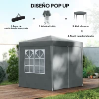 Outsunny Carpa Plegable 2x2m con 4 Paredes Laterales Tela Oxford 2 Ventanas y Bolsa de Transporte Anti-UV Impermeable Gris(m-4)